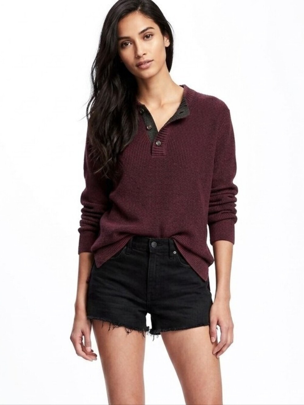 Vintage Eddie Bauer Chunky Textured Henley Crewneck Sweater In Burgandy